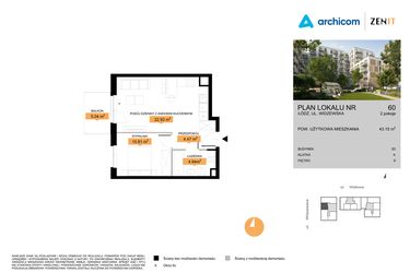 Rzut - Mieszkanie na sprzedaż 2 pokoje o powierzchni 43,15 m² - numer 3D.60 w Zenit III