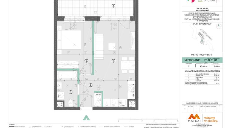 Rzut - Mieszkanie na sprzedaż 2 pokoje o powierzchni 46 m² - numer F3.B.01.01 w Na Bielany! etap III