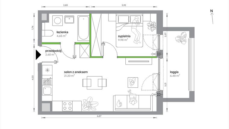 Rzut - Mieszkanie na sprzedaż 2 pokoje o powierzchni 38,43 m² - numer 1/A/3/6 w Sochaczewska Vita