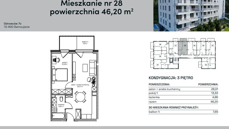 Rzut - Mieszkanie na sprzedaż 2 pokoje o powierzchni 46,2 m² - numer 28 w Odrowców 7C