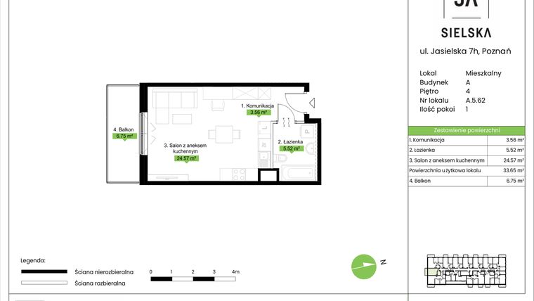Rzut - Mieszkanie na sprzedaż 1 pokój o powierzchni 33,65 m² - numer A.5.62 w JA_SIELSKA V