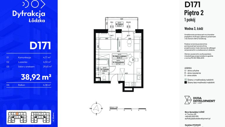 Rzut - Mieszkanie na sprzedaż 1 pokój o powierzchni 38,92 m² - numer D171 w Dyfrakcja Łódzka - bud. CD