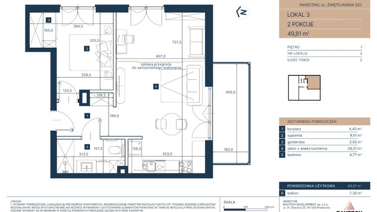 Rzut - Mieszkanie na sprzedaż 2 pokoje o powierzchni 49,81 m² - numer 3 w Classy Świętojańska