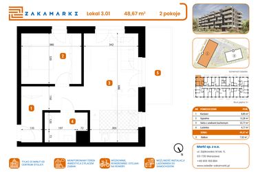 Rzut - Mieszkanie na sprzedaż 2 pokoje o powierzchni 48,67 m² - numer B1/3/01 w Zakamarki