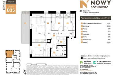 Rzut - Mieszkanie na sprzedaż 4 pokoje o powierzchni 68,11 m² - numer 35 w Nowy Sosnowiec