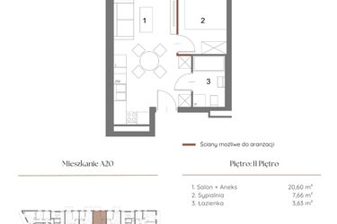 Rzut - Mieszkanie na sprzedaż 2 pokoje o powierzchni 32,34 m² - numer A20 w Dąbrowskiego 9