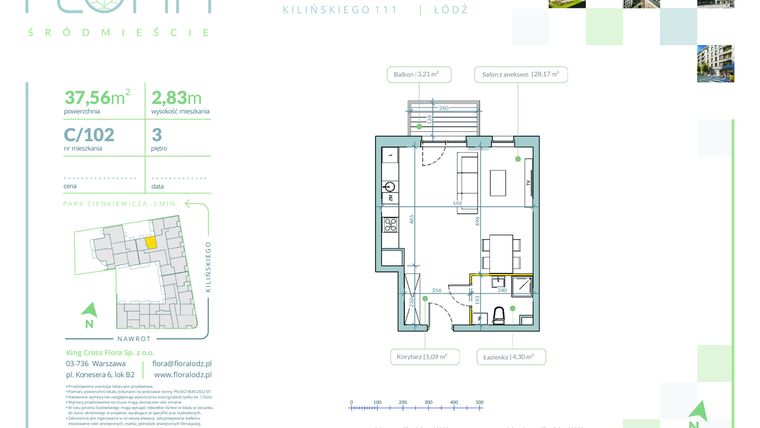 Rzut - Mieszkanie na sprzedaż 1 pokój o powierzchni 37,56 m² - numer C.102 w Flora Śródmieście