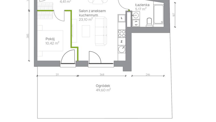 Rzut - Mieszkanie na sprzedaż 2 pokoje o powierzchni 43,1 m² - numer B.0.3 w Jesionowa Vita
