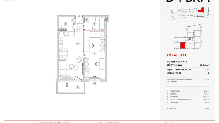 Rzut - Mieszkanie na sprzedaż 2 pokoje o powierzchni 50,76 m² - numer A14 w Dobka