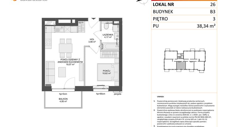 Rzut - Mieszkanie na sprzedaż 2 pokoje o powierzchni 38,34 m² - numer B3.26 w Osiedle Przy Błoniach 3 etap III