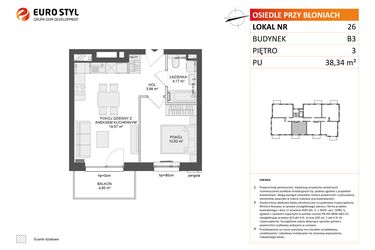 Rzut - Mieszkanie na sprzedaż 2 pokoje o powierzchni 38,34 m² - numer B3.26 w Osiedle Przy Błoniach 3 etap III
