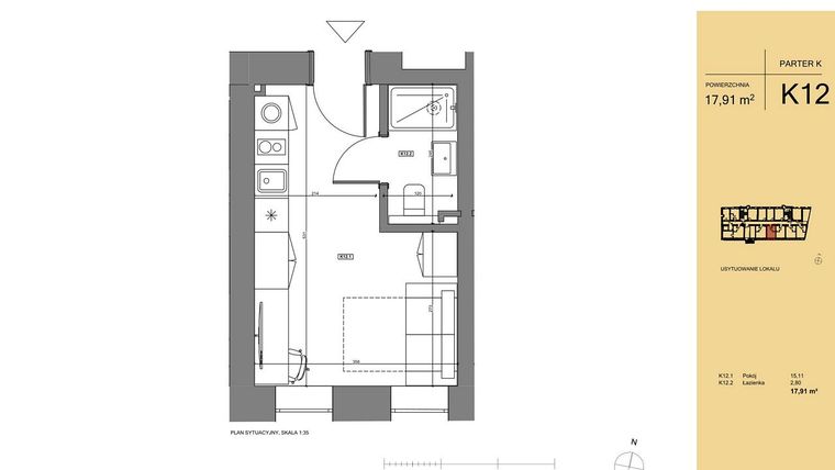 Rzut - Mieszkanie na sprzedaż 1 pokój o powierzchni 18,45 m² - numer K12 w Rezydencja San Petrus