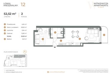 Rzut - Mieszkanie na sprzedaż 2 pokoje o powierzchni 52,52 m² - numer 12 w Witkiewicza Apartments