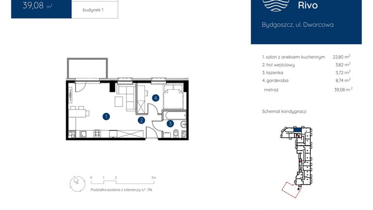 Rzut - Mieszkanie na sprzedaż 1 pokój o powierzchni 39,08 m² - numer 1.C.4.04 w Murapol Rivo