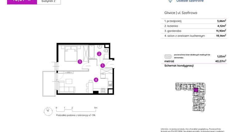 Rzut - Mieszkanie na sprzedaż 1 pokój o powierzchni 40,07 m² - numer 2.A.5.10 w Murapol Osiedle Szafirove II