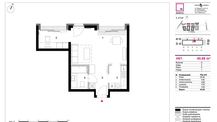 Rzut - Mieszkanie na sprzedaż 1 pokój o powierzchni 40,68 m² - numer H61 w 19. Dzielnica Etap V