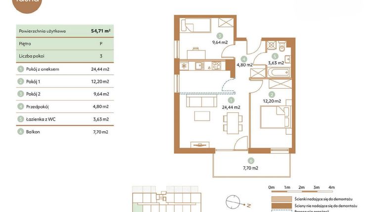 Rzut - Mieszkanie na sprzedaż 3 pokoje o powierzchni 54,71 m² - numer D12-P w Fauna