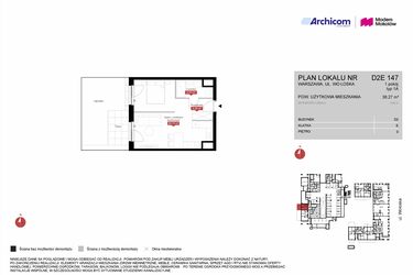 Rzut - Mieszkanie na sprzedaż 1 pokój o powierzchni 38,27 m² - numer D2E 147 w Modern Mokotów etap 4, budynek D1 i D2