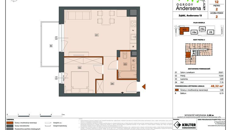 Rzut - Mieszkanie na sprzedaż 2 pokoje o powierzchni 48,32 m² - numer 12A w Ogrody Andersena