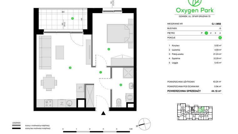 Rzut - Mieszkanie na sprzedaż 2 pokoje o powierzchni 44,18 m² - numer G.1.M08 w Oxygen Park etap III