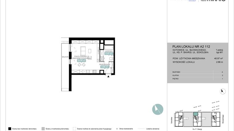 Rzut - Mieszkanie na sprzedaż 1 pokój o powierzchni 40,99 m² - numer A2 112 w Mikato