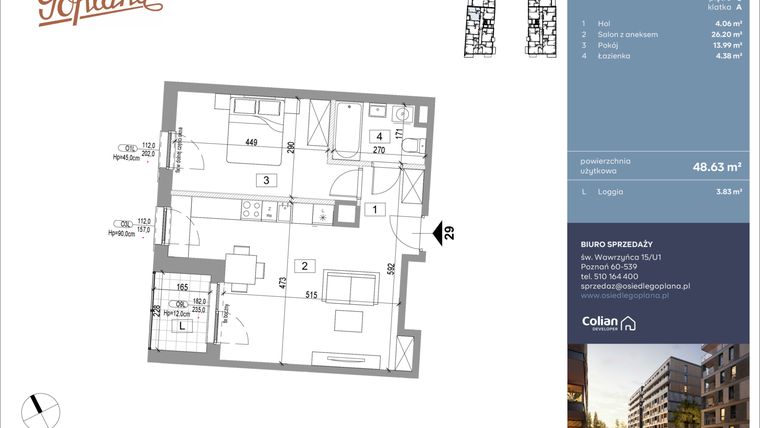 Rzut - Mieszkanie na sprzedaż 2 pokoje o powierzchni 48,63 m² - numer F29 w Goplana budynek F