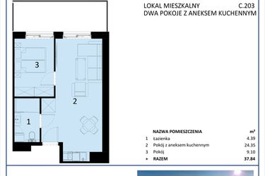 Rzut - Mieszkanie na sprzedaż 2 pokoje o powierzchni 37,85 m² - numer C.203 w Perłowa Przystań - Sianożęty - etap III