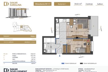 Rzut - Mieszkanie na sprzedaż 2 pokoje o powierzchni 39,02 m² - numer 117 w Osiedle Dakar Karolina