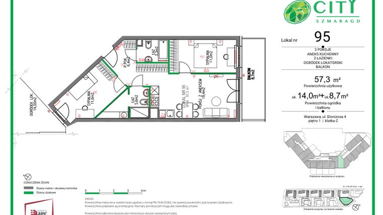 Rzut - Mieszkanie na sprzedaż 3 pokoje o powierzchni 57,3 m² - numer 95 w Comfort City Szmaragd