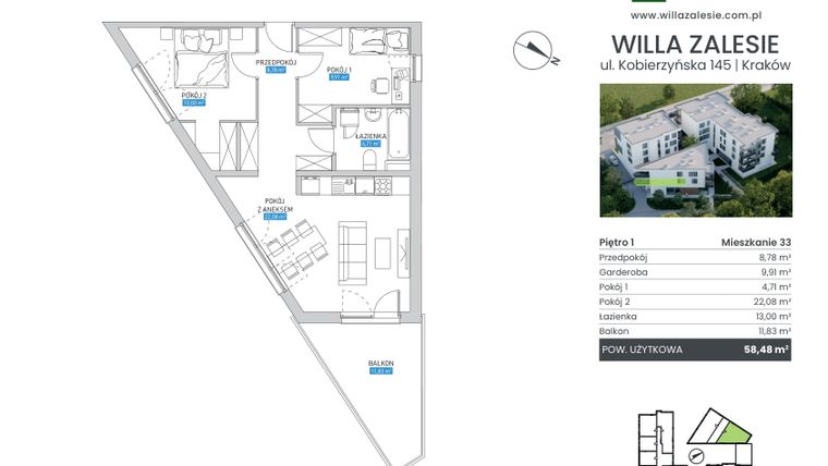 Rzut - Mieszkanie na sprzedaż 3 pokoje o powierzchni 58,48 m² - numer M33 w Willa Zalesie