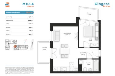 Rzut - Mieszkanie na sprzedaż 2 pokoje o powierzchni 38,55 m² - numer M II.1.4 w Glogera Bricks