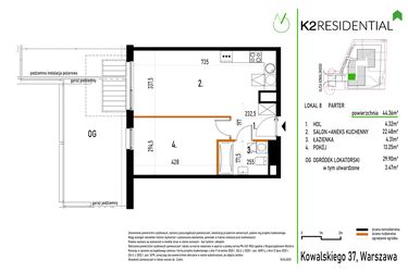 Rzut - Mieszkanie na sprzedaż 2 pokoje o powierzchni 44,36 m² - numer 8 w Kowalskiego 37
