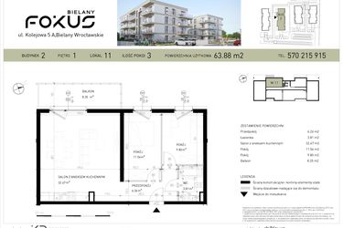 Rzut - Mieszkanie na sprzedaż 3 pokoje o powierzchni 63,88 m² - numer B2-11 w Fokus Bielany