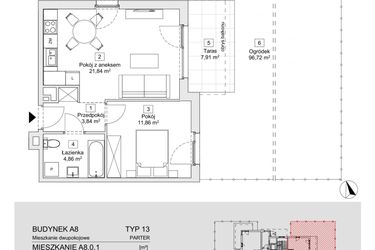 Rzut - Mieszkanie na sprzedaż 2 pokoje o powierzchni 42,4 m² - numer A8.0.1 w Zacisze Marcelin IIIa