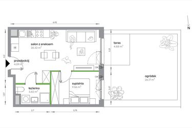Rzut - Mieszkanie na sprzedaż 2 pokoje o powierzchni 37,79 m² - numer 1/A/1/8 w Sochaczewska Vita