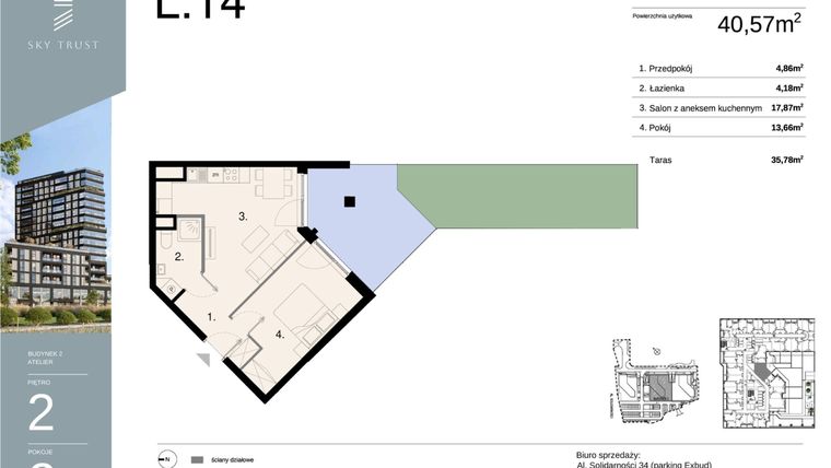 Rzut - Mieszkanie na sprzedaż 2 pokoje o powierzchni 40,57 m² - numer L14 w Sky Trust etap II - apartamenty inwestycyjne 23% VAT PRS