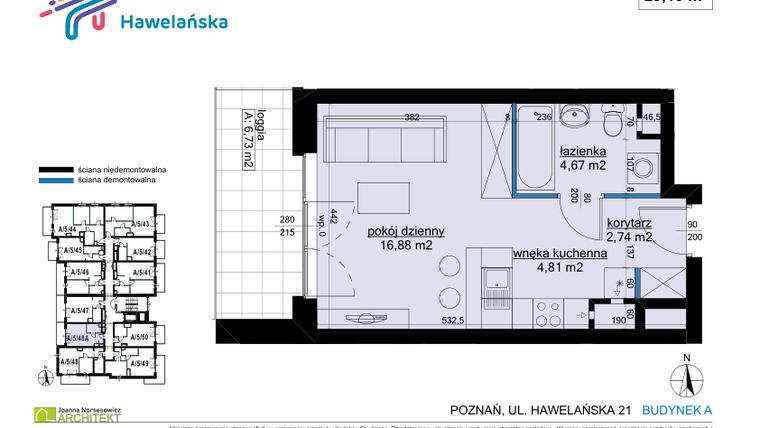Rzut - Mieszkanie na sprzedaż 1 pokój o powierzchni 29,1 m² - numer A/5/48A w Osiedle Hawelańska etap III - bud. A