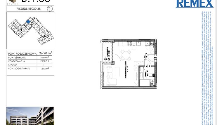 Rzut - Mieszkanie na sprzedaż 1 pokój o powierzchni 36,28 m² - numer B.1.53 w Osiedle BALTICA