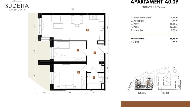 Rzut - Mieszkanie na sprzedaż 3 pokoje o powierzchni 58,76 m² - numer A 0.09 w Apartamenty Sudetia