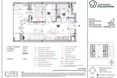 Rzut - Mieszkanie na sprzedaż 2 pokoje o powierzchni 37,64 m² - numer 21 w Apartamenty Poligonowa etap 5