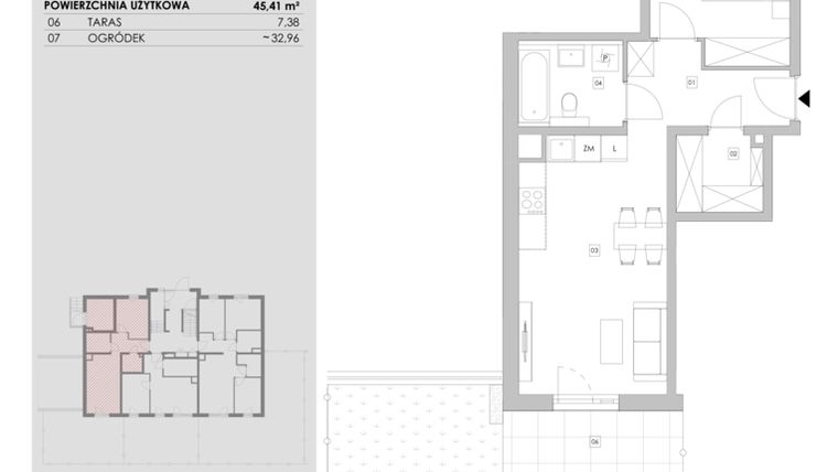Rzut - Mieszkanie na sprzedaż 2 pokoje o powierzchni 45,41 m² - numer 96.0.03 w ATAL Bronowice