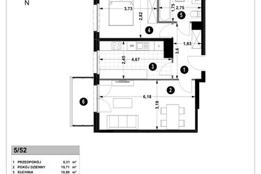 Rzut - Mieszkanie na sprzedaż 2 pokoje o powierzchni 53,16 m² - numer 3A.5/52 w Nowa Winnica