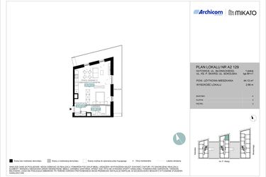 Rzut - Mieszkanie na sprzedaż 1 pokój o powierzchni 44,12 m² - numer A2 129 w Mikato