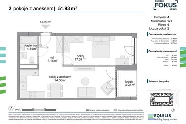 Rzut - Mieszkanie na sprzedaż 2 pokoje o powierzchni 51,93 m² - numer 176 w Osiedle Fokus Ursus
