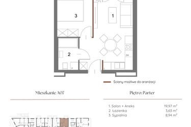 Rzut - Mieszkanie na sprzedaż 1 pokój o powierzchni 33,1 m² - numer A07 w Dąbrowskiego 9