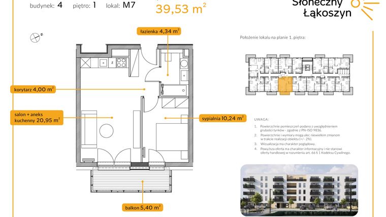 Rzut - Mieszkanie na sprzedaż 2 pokoje o powierzchni 39,53 m² - numer 4/M/1/7 w Osiedle Słoneczny Łąkoszyn bud. 4