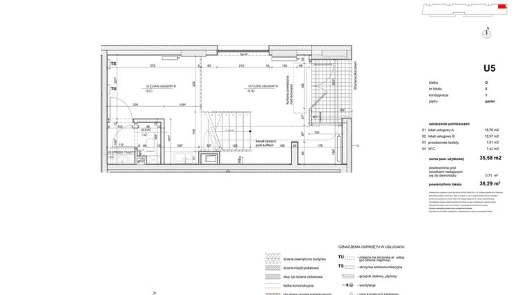 Rzut - Lokal użytkowy na sprzedaż 1 pokój o powierzchni 36,29 m² - numer UB05 w Osiedle Goslove