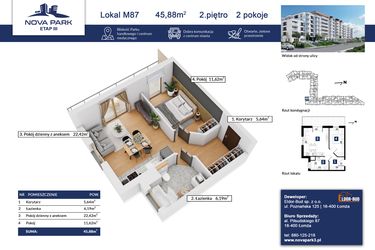 Rzut - Mieszkanie na sprzedaż 2 pokoje o powierzchni 45,88 m² - numer 87 w Nova Park etap III