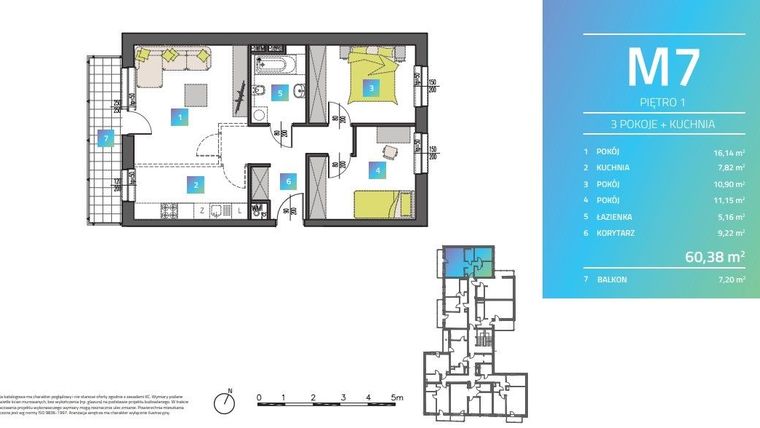Rzut - Mieszkanie na sprzedaż 3 pokoje o powierzchni 61,87 m² - numer M7 w Mi9