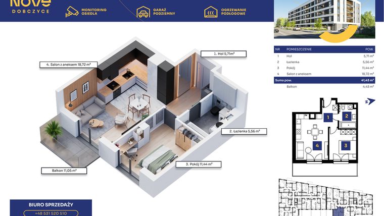 Rzut - Mieszkanie na sprzedaż 2 pokoje o powierzchni 41,43 m² - numer M19 w Nove Dobczyce